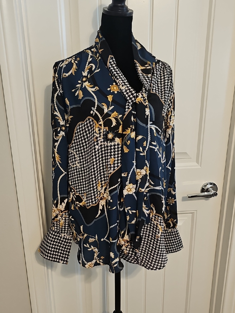 Ann Taylor Navy Floral & Houndstooth Tie-Neck Blouse